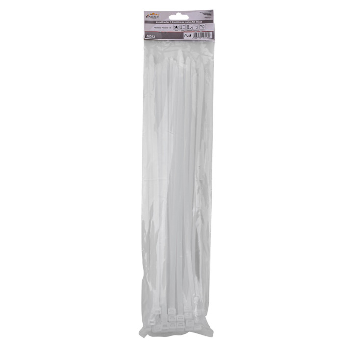 Sťahovacie pásky plastové 7,6x450 mm, biele, 50 ks