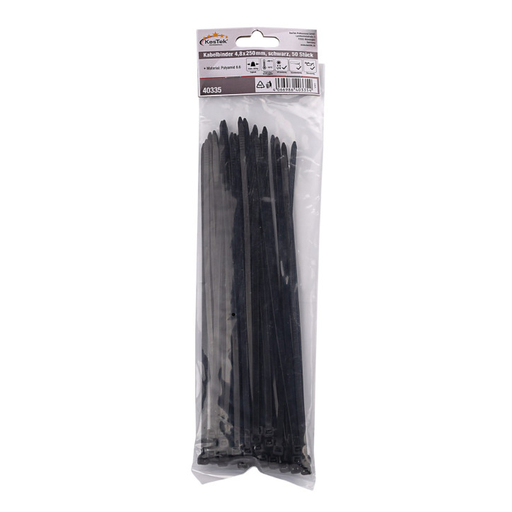 Sťahovacie pásky plastové 4,8x250 mm, čierne, 50 ks