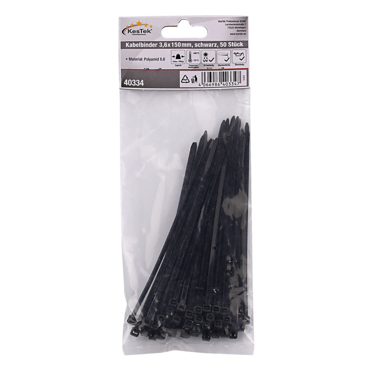 Sťahovacie pásky plastové 3,6x150 mm, čierne, 50 ks