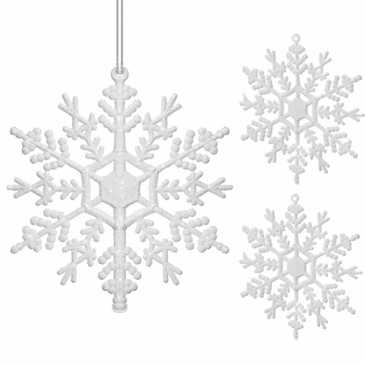 Vianočné ozdoby - Vločky s trblietkami biele, 12cm, sada 3ks