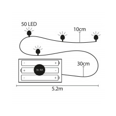 LED reťaz Nano - 5m, 50LED, 8-funkcií, ovládač, 3xAA, IP44, studená biela