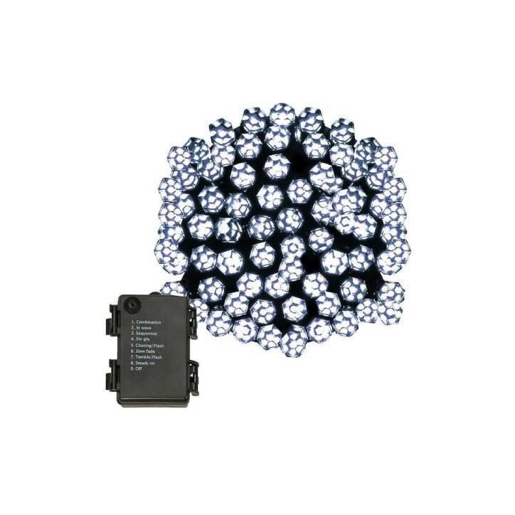 LED svetelná reťaz - 9m, 120LED Kryštál, 8 funkcií, 3xAA, IP44, studená biela