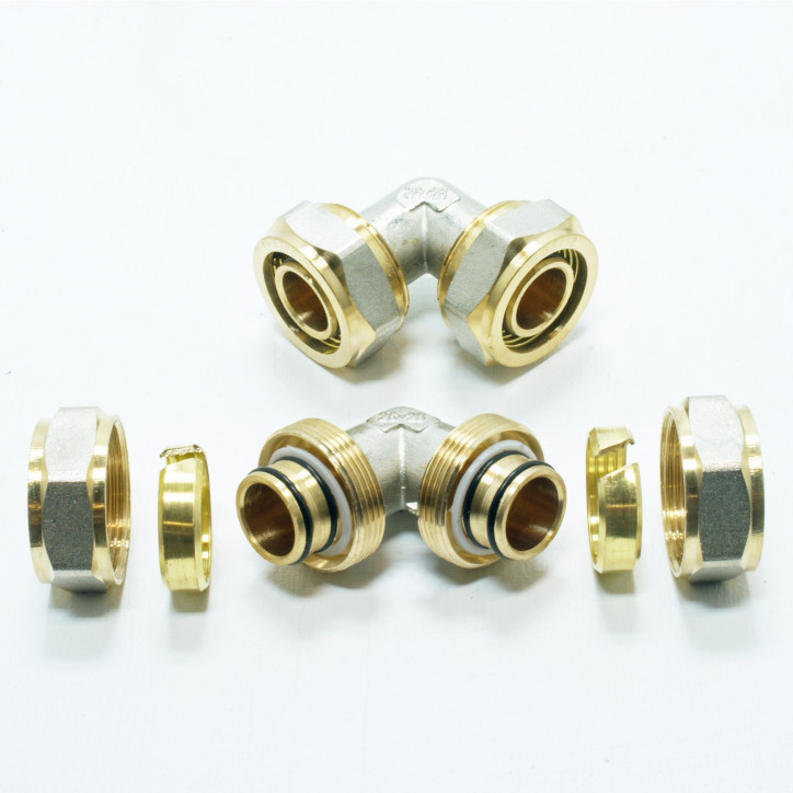 Svorná uhlová spojka 90° na viacvrstvové hliníkové spojovacie rúry, 16x2 mm Svorná uhlová spojka 90° na viacvrstvové hliníkové spojovacie rúry, 16x2 mm