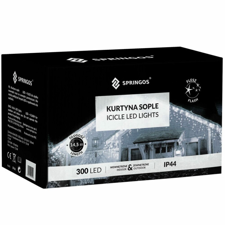 LED kvaple 14,5m, 300LED, časovač, IP44, studená biela + záblesky