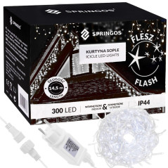 LED kvaple 14,5m, 300LED, časovač, IP44, studená biela + záblesky