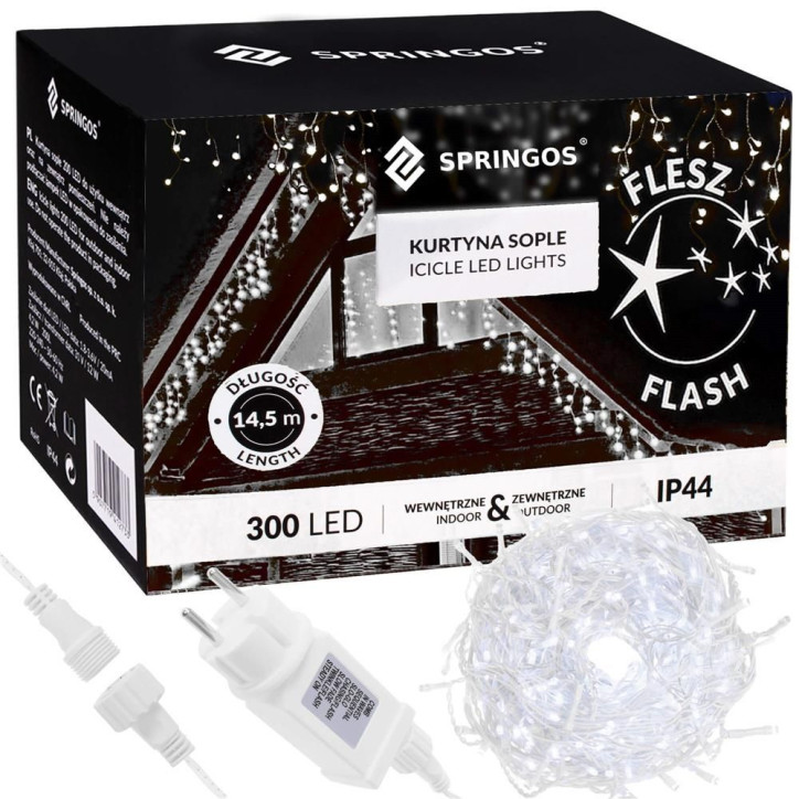 LED kvaple 14,5m, 300LED, časovač, IP44, studená biela + záblesky