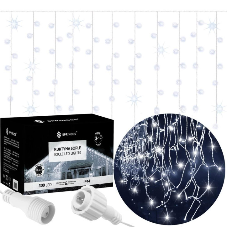 LED kvaple 14,5m, 300LED, časovač, IP44, studená biela + záblesky