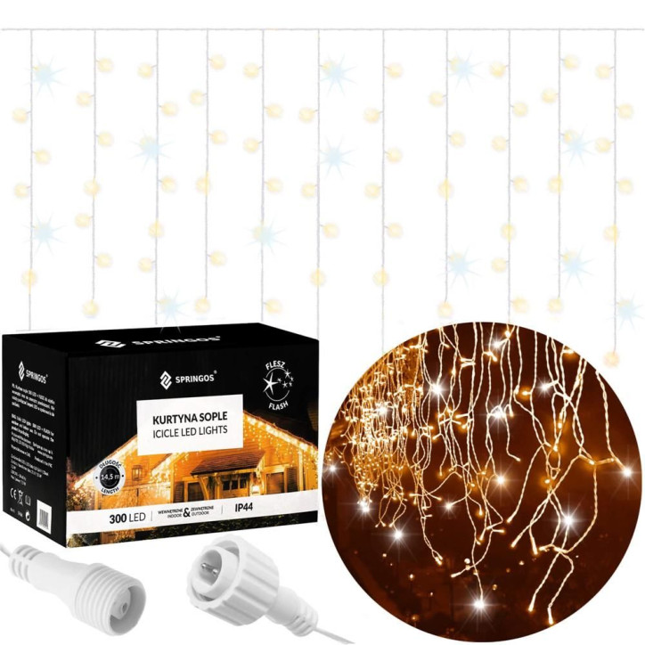 LED kvaple 14,5m, 300LED, časovač, IP44, teplá biela + záblesky