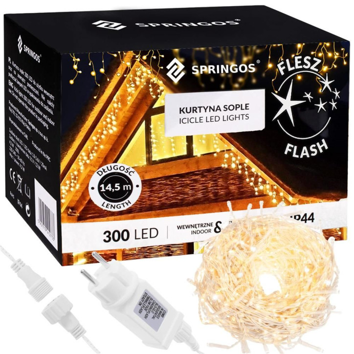 LED kvaple 14,5m, 300LED, časovač, IP44, teplá biela + záblesky