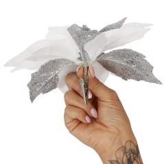 Vianočná hviezda s klipom 23x8,5cm bielo-strieborná, vianočná ozdoba