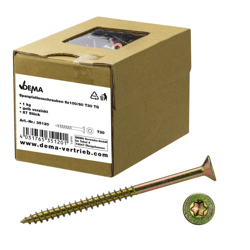 DEMA Skrutky do drevotriesky čiastočný závit 6x100/60 T30, 1 kg