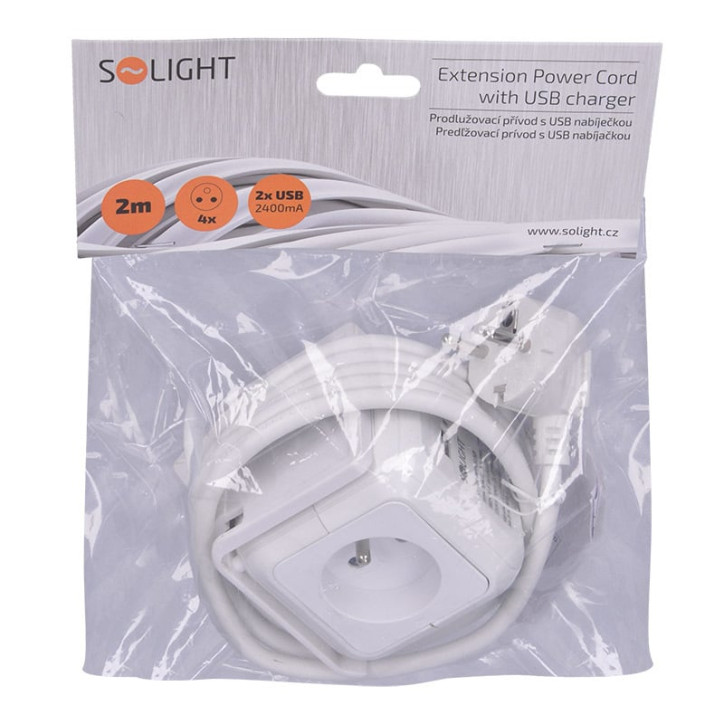 Predlžovací kábel 2 m kocka 4z+2USB, biely