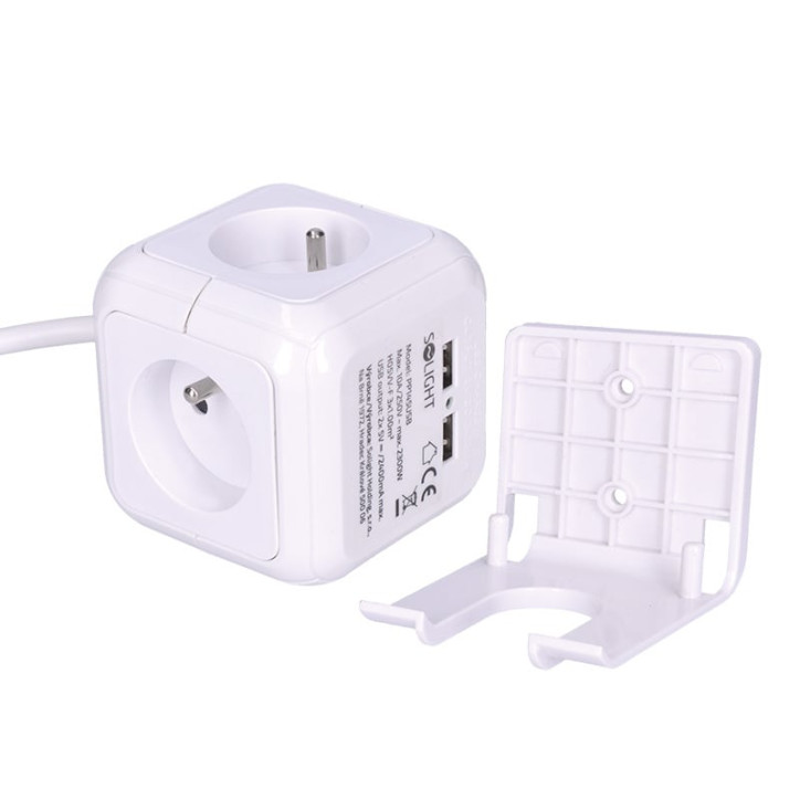 Predlžovací kábel 2 m kocka 4z+2USB, biely