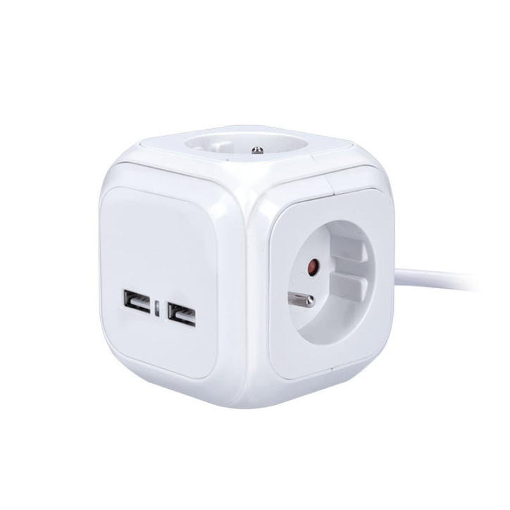 Predlžovací kábel 2 m kocka 4z+2USB, biely