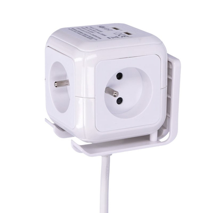 Predlžovací kábel 2 m kocka 4z+2USB, biely