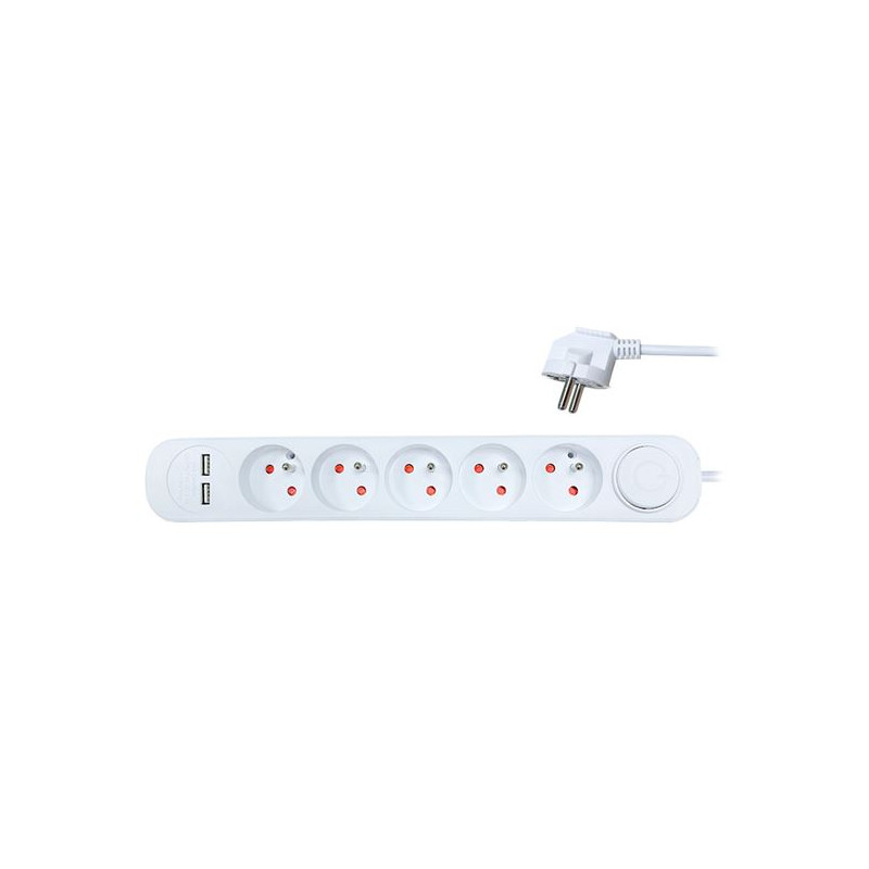 Predlžovací kábel 3 m s vypínačom, 5 zásuviek, USB A+A 12 W, biely