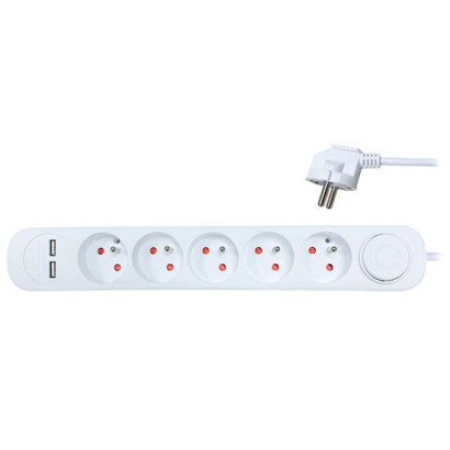 Predlžovací kábel 3 m s vypínačom, 5 zásuviek, USB A+A 12 W, biely
