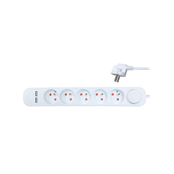 Predlžovací kábel 3 m s vypínačom, 5 zásuviek, USB A+A 12 W, biely
