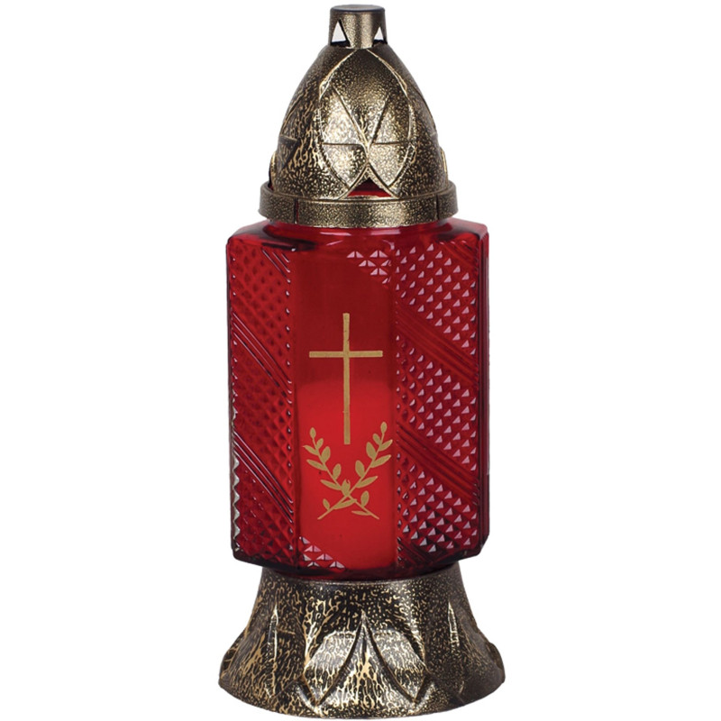 Kahanec na hroby Grave 24 cm, červené sklo, s krížom, medený