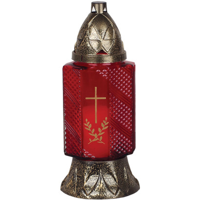 Kahanec na hroby Grave 24 cm, červené sklo, s krížom, medený