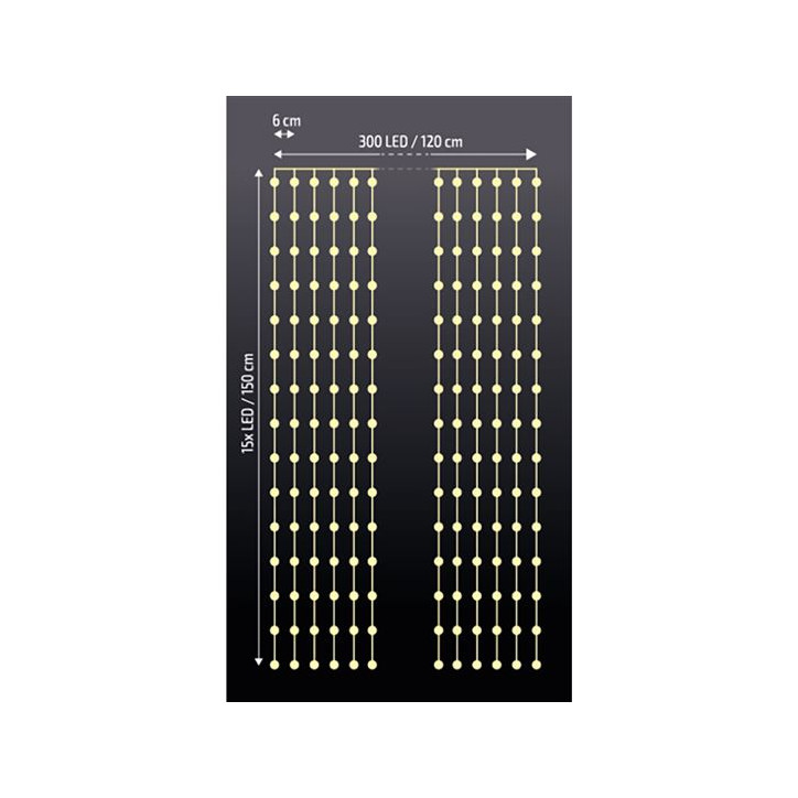 LED svetelný záves 1,2x1,5 m, 300 LED, časovač, 8 funkcií, 3xAA/USB