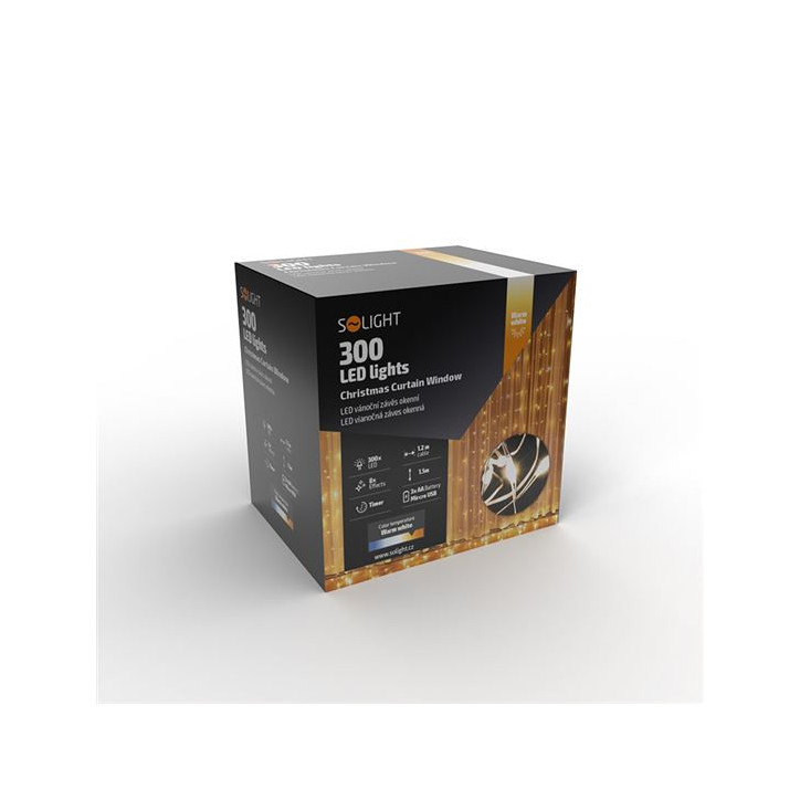 LED svetelný záves 1,2x1,5 m, 300 LED, časovač, 8 funkcií, 3xAA/USB