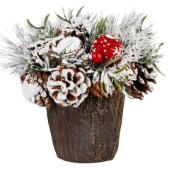 Vianočná ikebana so zasneženou čečinou, imitácia dreva 18 cm