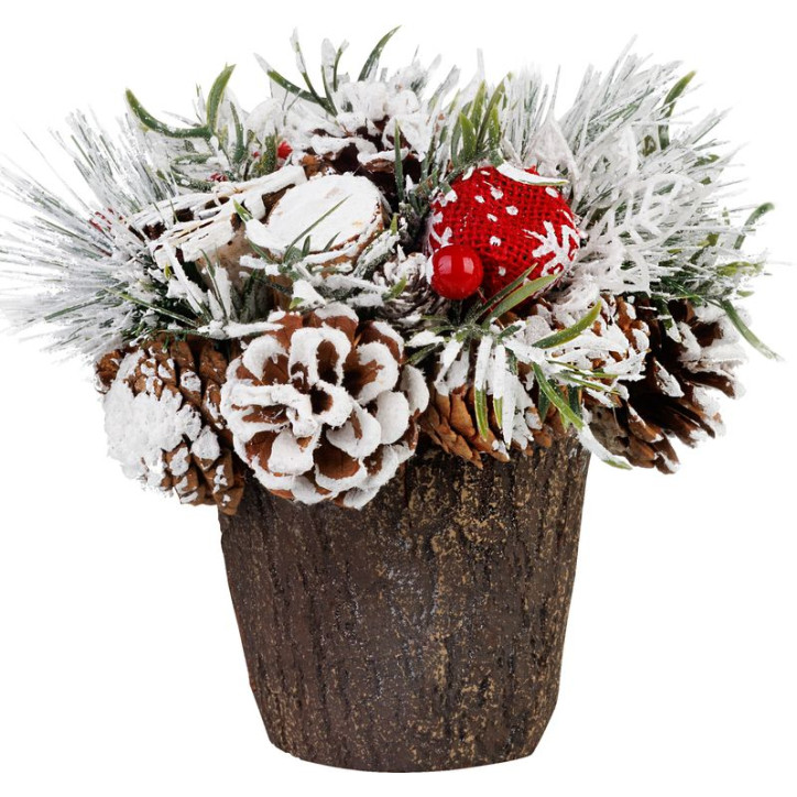 Vianočná ikebana so zasneženou čečinou, imitácia dreva 18 cm