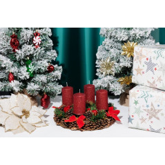 Adventné sviečky valcové 48x80 mm, červené s glitrami, 4 ks