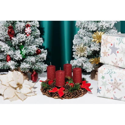 Adventné sviečky valcové 48x80 mm, červené s glitrami, 4 ks