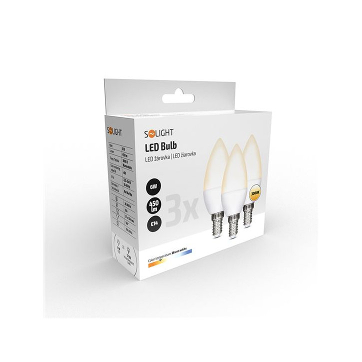 LED žiarovka E14, 6 W, 3000 K, 450 lm, sviečka, 3 ks