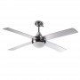 Stropný ventilátor s diaľkovým ovládačom, trojstupňová rýchlosť otáčania s dodatočne nastaviteľnou funkciou časovača, extra zapínateľné osvetlenie a letné/zimné nastavenie prepínateľné na prístroji. Chrómované kovové telo, strieborné lopatky z MDF, satinovaný sklenený kryt lampy.