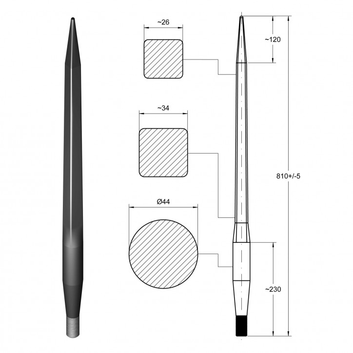 Hrot čelného nakladača 28x1,5/820 mm