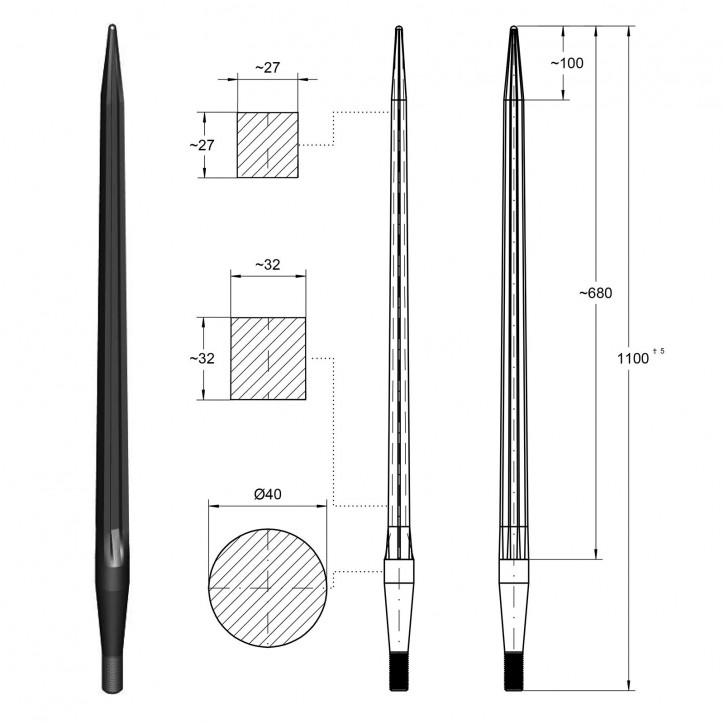 Hrot čelného nakladača štvorhranný 28x1,5/1100 mm Hrot čelného nakladača štvorhranný 28x1,5/1100 mm