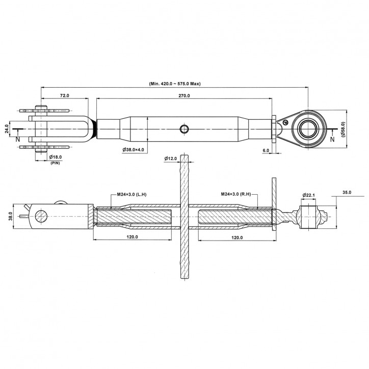 Stabilizátor na spodné rameno 420-575 mm M24x3