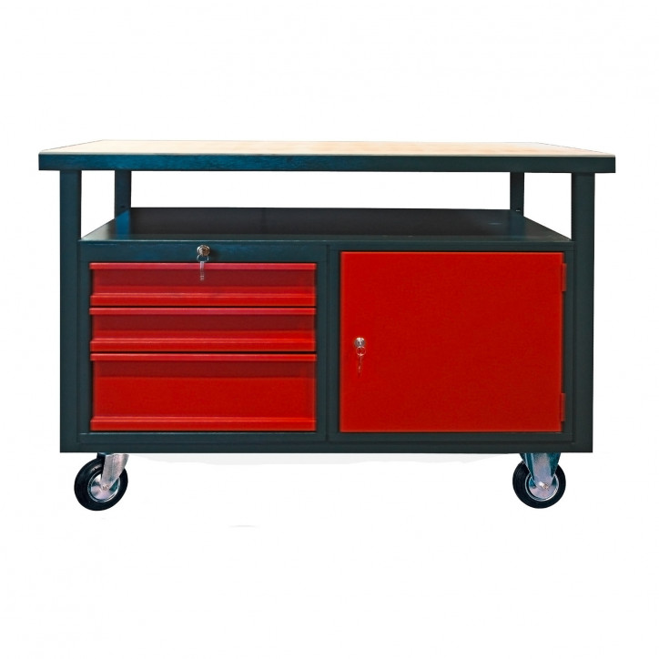 Pracovný stôl na kolieskach so zásuvkami a skrinkou s dvierkami 40911, antracit/červená