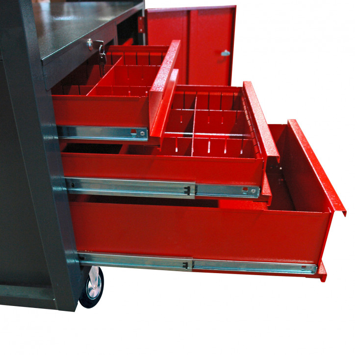 Pracovný stôl na kolieskach so zásuvkami a skrinkou s dvierkami 40911, antracit/červená