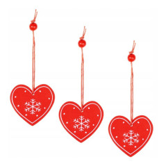 Vianočná ozdoba drevená Srdce s vločkou červená 4,8 cm, 3 ks