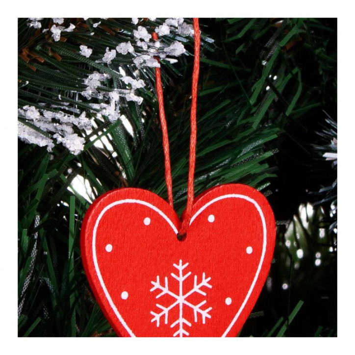 Vianočná ozdoba drevená Srdce s vločkou červená 4,8 cm, 3 ks