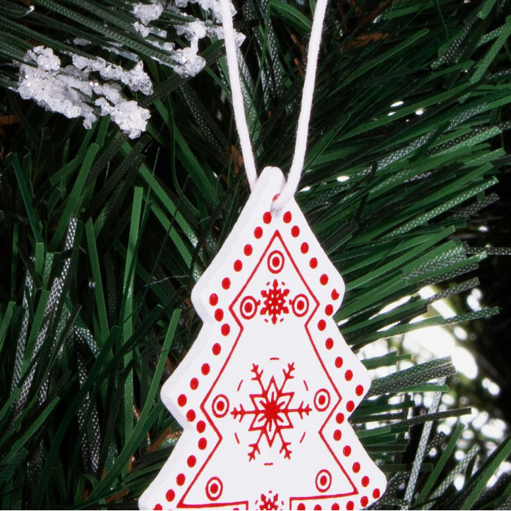 Vianočná ozdoba drevená Stromček s vločkou biela 4,9 cm, 3 ks