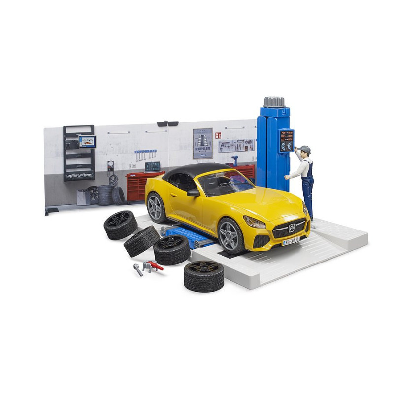 BRUDER Autoservis so športovým autom a mechanikom s náradím / 62110