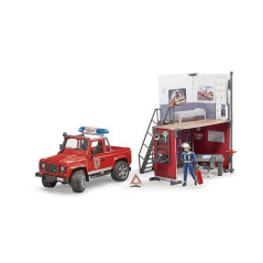 Hasičská stanica s autom Land Rover Defender a hasičom 1:16 62701