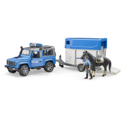 BRUDER Policajné auto Land Rover Defender  s prívesom na prepravu koňa, s policajtom a koňom / 02588