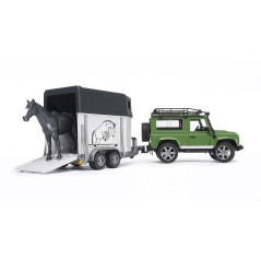 BRUDER 02592 Terénne auto Land Rover Defender Station Wagon s prívesom na prepravu koní a koníkom 1:16