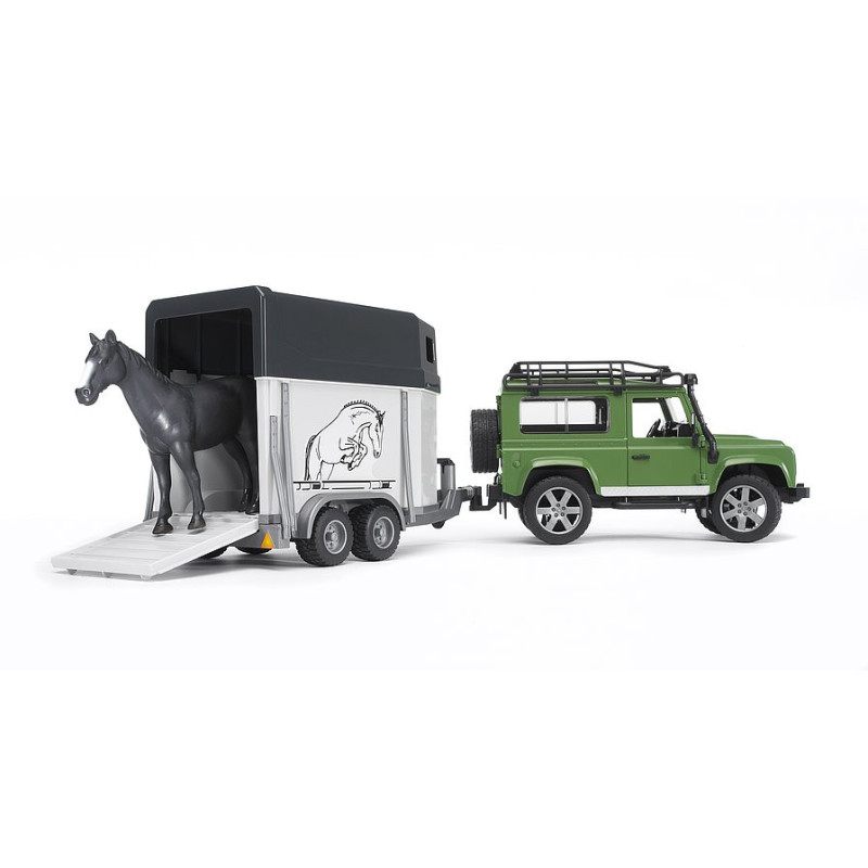BRUDER 02592 Terénne auto Land Rover Defender Station Wagon s prívesom na prepravu koní a koníkom 1:16