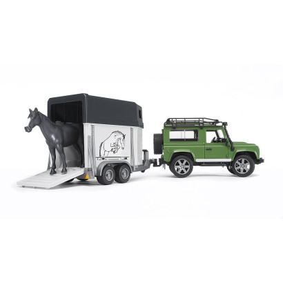 BRUDER 02592 Terénne auto Land Rover Defender Station Wagon s prívesom na prepravu koní a koníkom 1:16