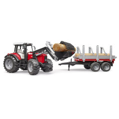 BRUDER 02046 Traktor Massey Ferguson s predným nakladačom, prívesom naprevoz dreva a 3 kmeňmi stromov 1:16