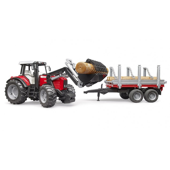 Traktor Massey Ferguson s predným nakladačom, prívesom na prevoz dreva a 3 kmeňmi stromov 1:16 02046