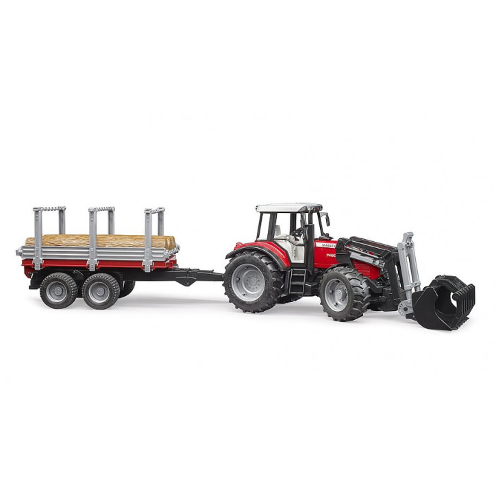 Traktor Massey Ferguson s predným nakladačom, prívesom na prevoz dreva a 3 kmeňmi stromov 1:16 02046