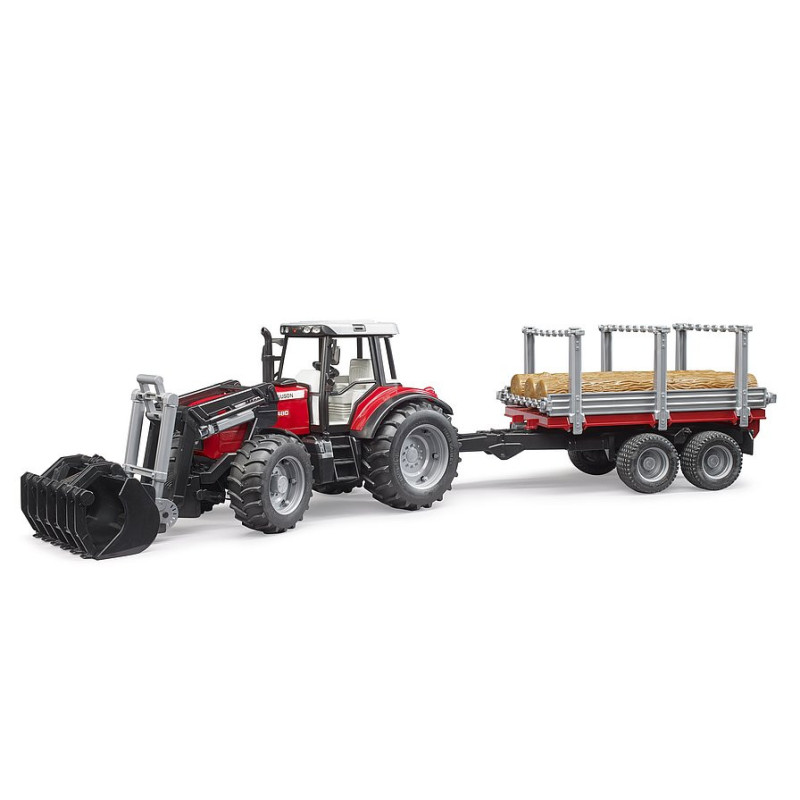 Bruder Traktor Massey Ferguson s predným nakladačom, prívesom na prevoz dreva a 3 kmeňmi stromov 1:16 02046